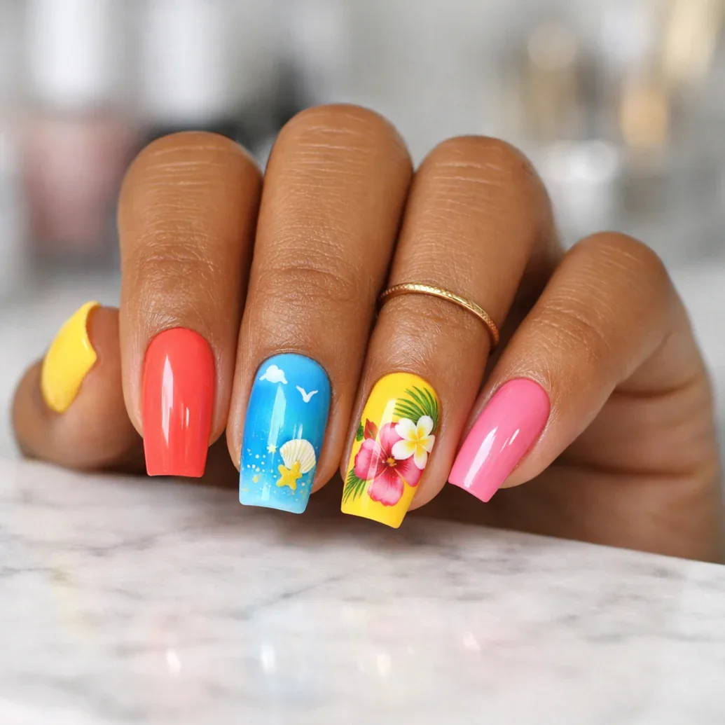 Uñas cuadradas multicolor con flores tropicales y palmera