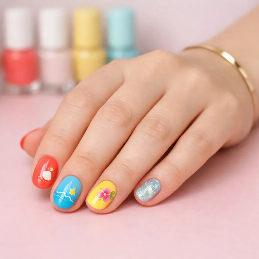 Uñas pastel con sandía, estrella y paisaje marino