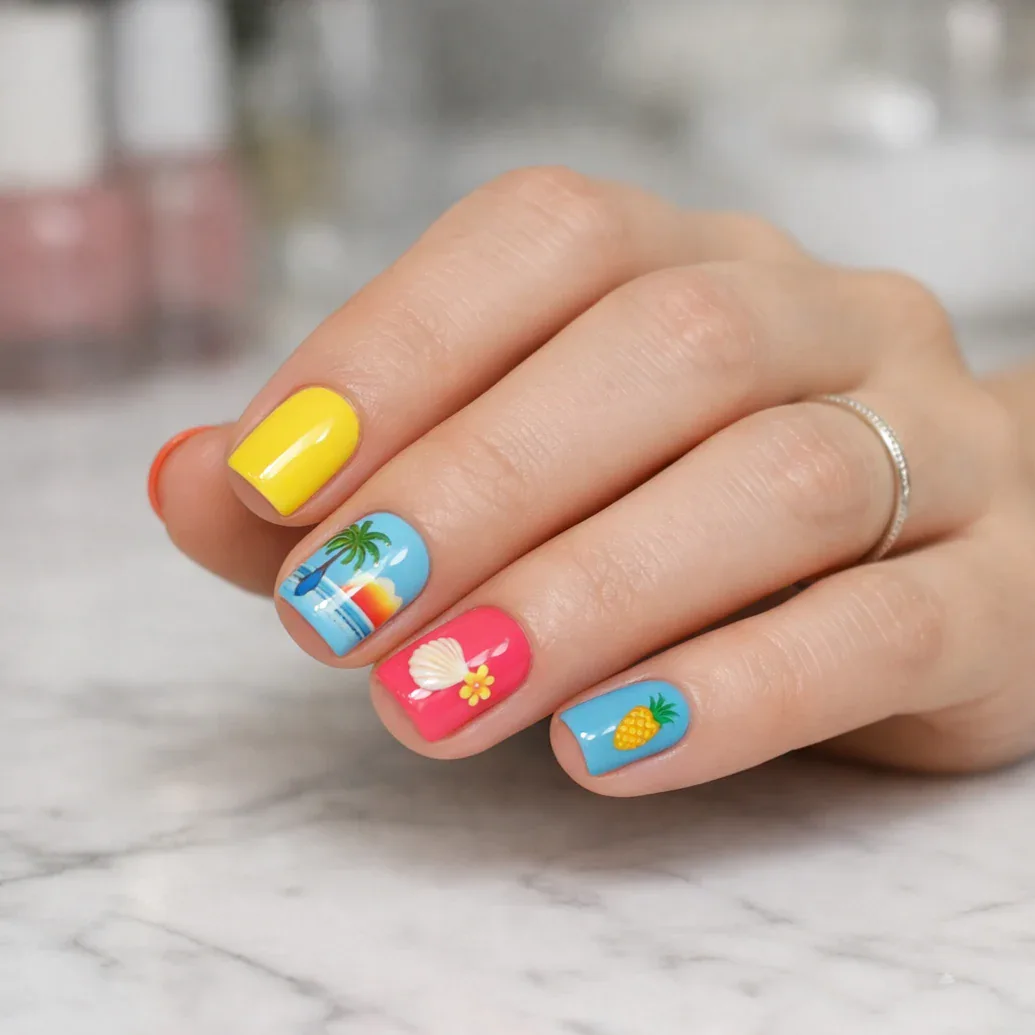 Uñas de playa con tabla de surf, margaritas y colores vivos