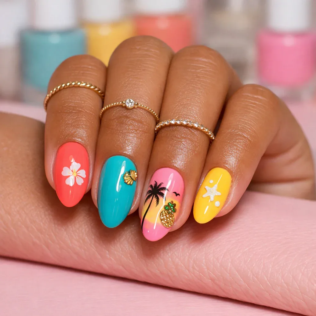 Uñas almendradas tropicales con palmera, flores y estrella de mar
