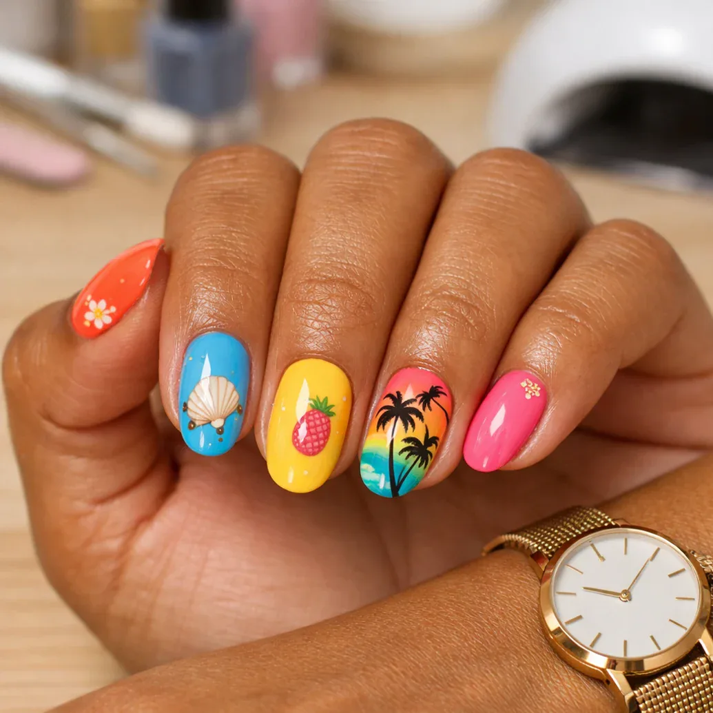 Uñas tropicales con concha marina, helado, palmera y flores