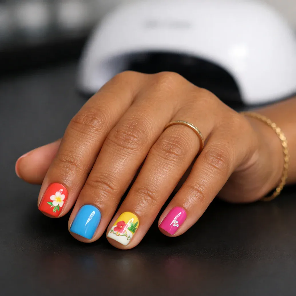 Uñas tropicales con margarita, ola azul y flamenco rosa