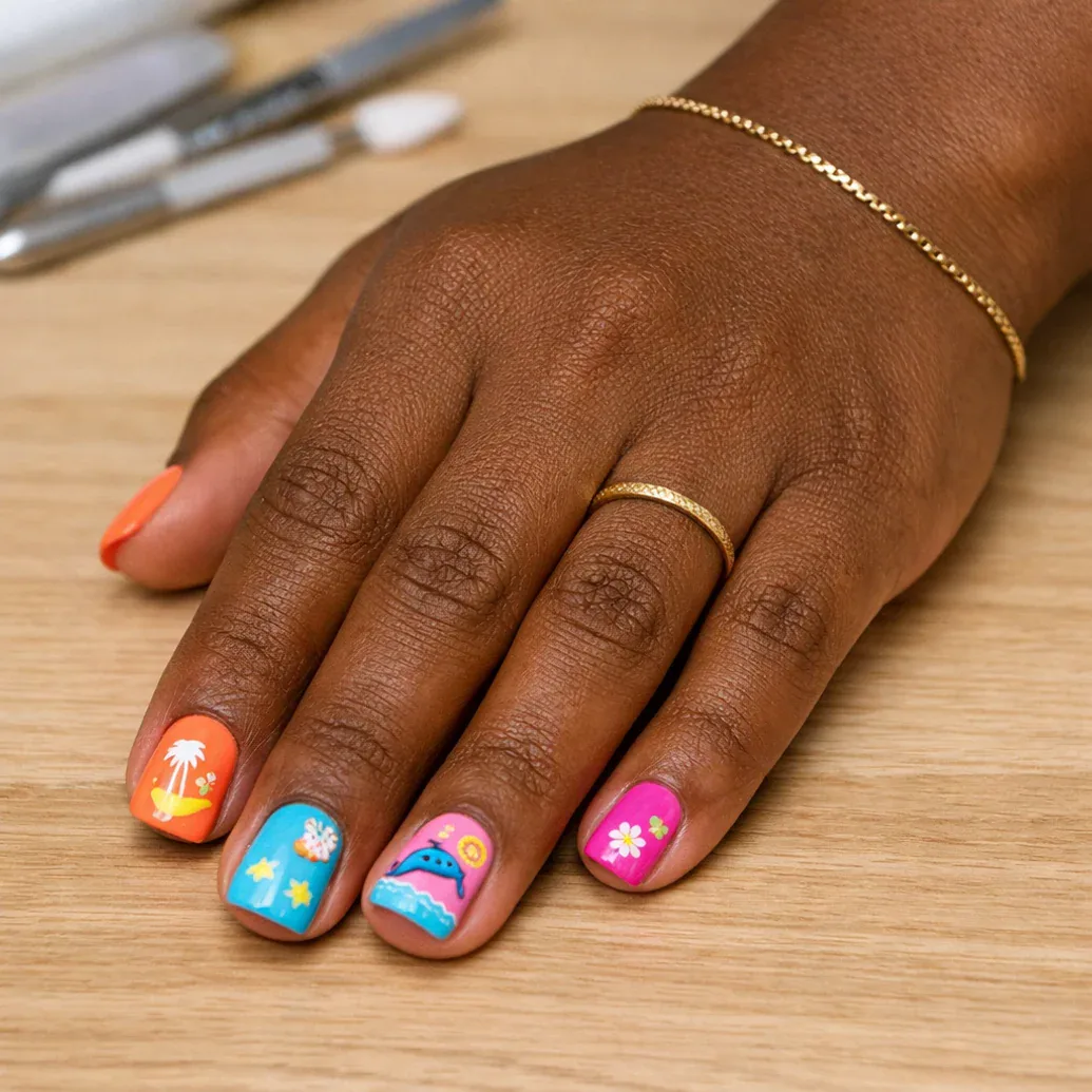 Uñas tropicales con ondas azules, flores y luna