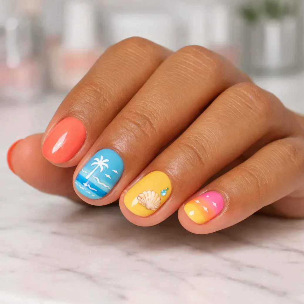 Uñas tropicales con palmera, olas marinas y concha