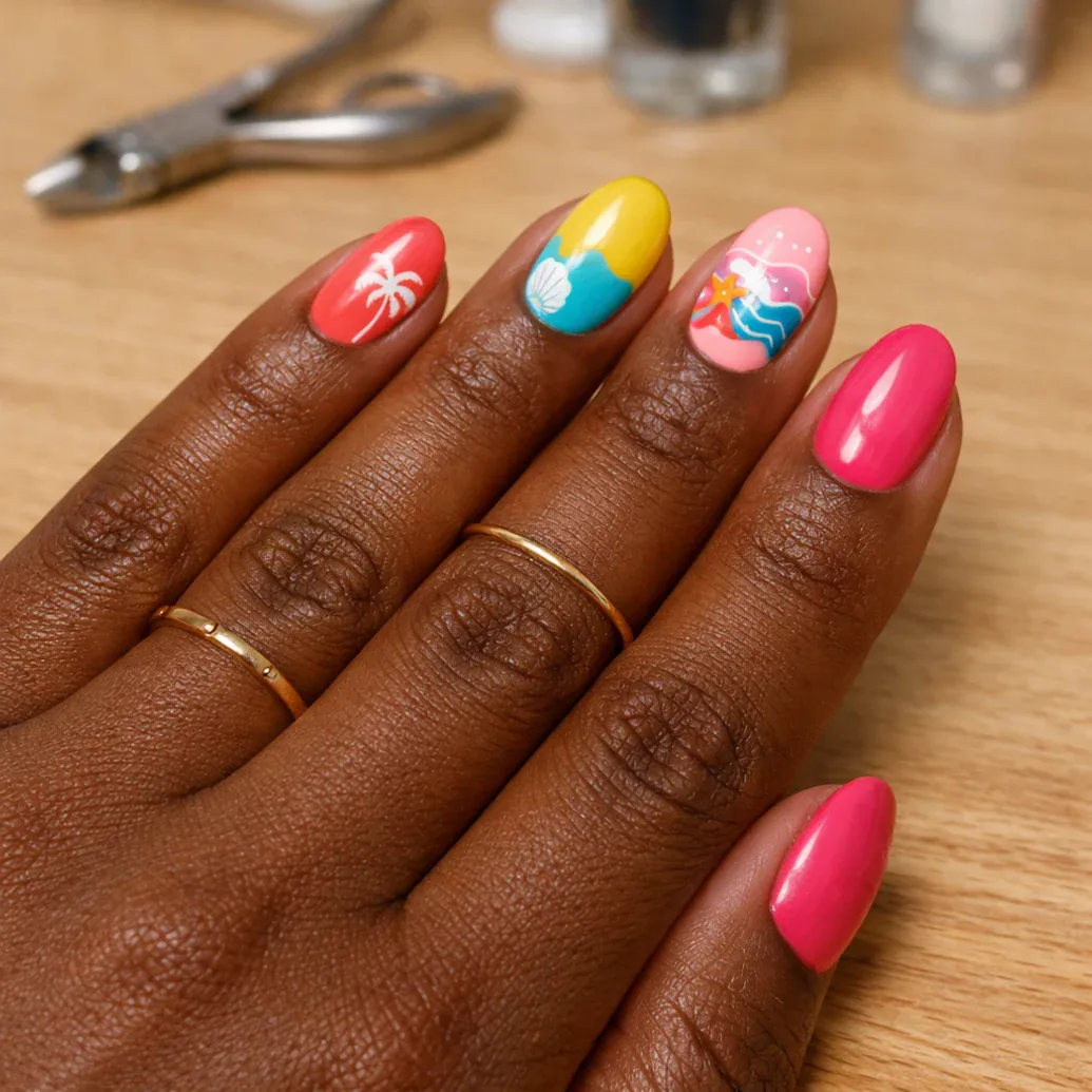 Uñas almendradas tropicales con surf, flores y puesta de sol