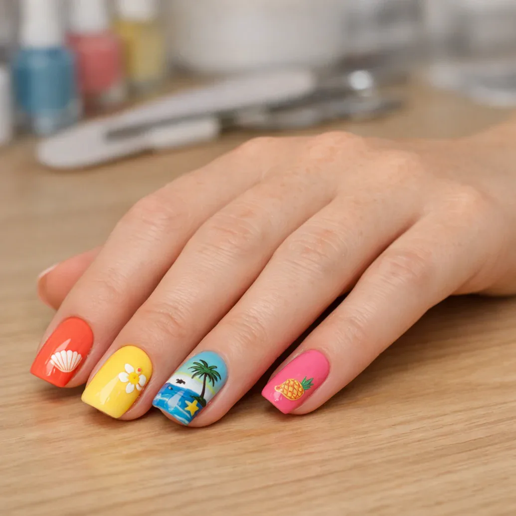 Uñas de verano con flor, palmera y paisaje de playa