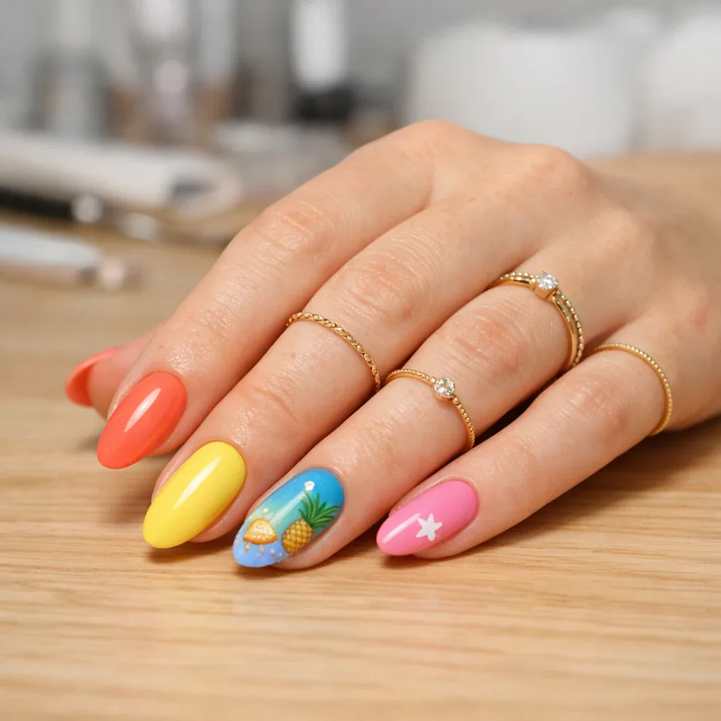 Uñas de verano con flores, olas azules y estrella de mar