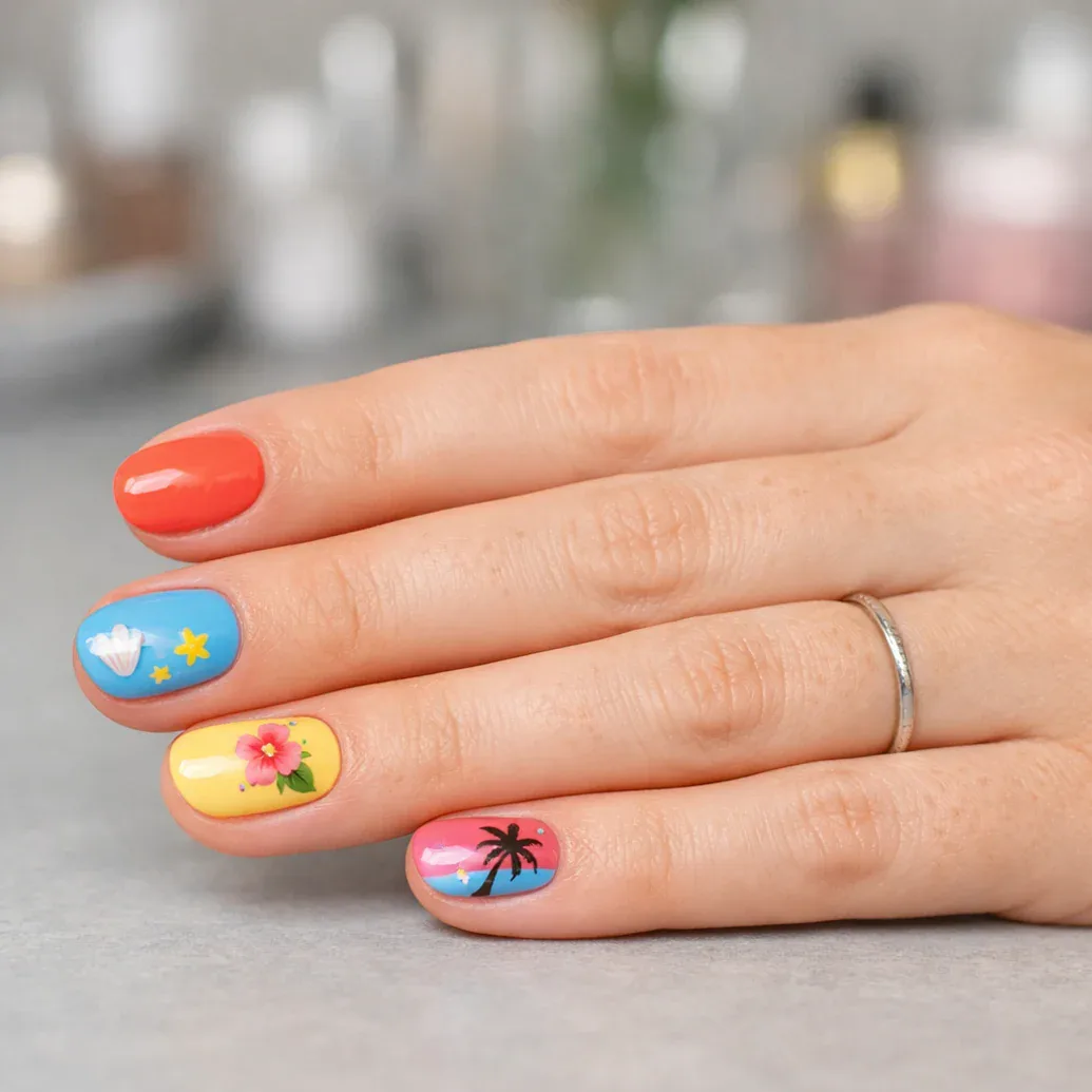 Uñas de verano con helado, palmera y flores de colores